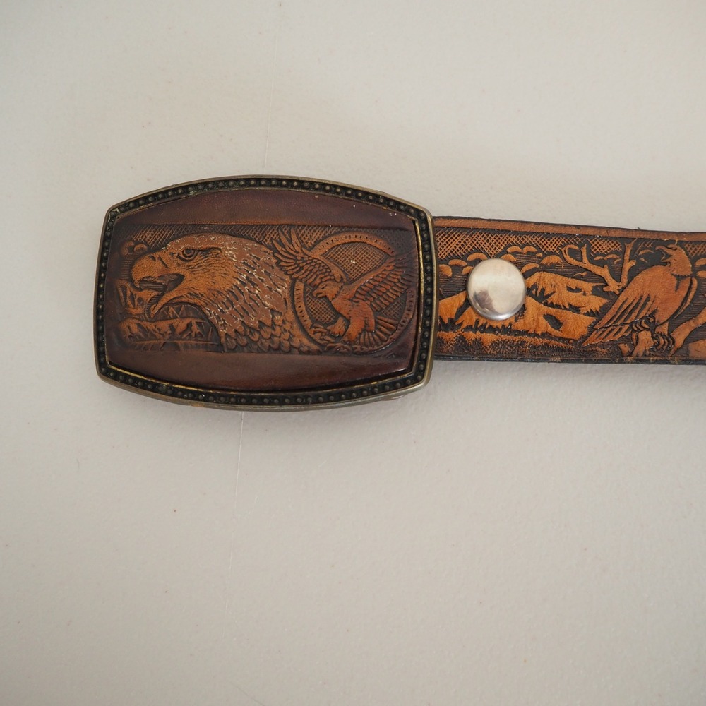 Vintage Eagle Tooled Leather Belt and Buckle by Alumaline 4108 Brass Embossed - Picture 9 of 11
